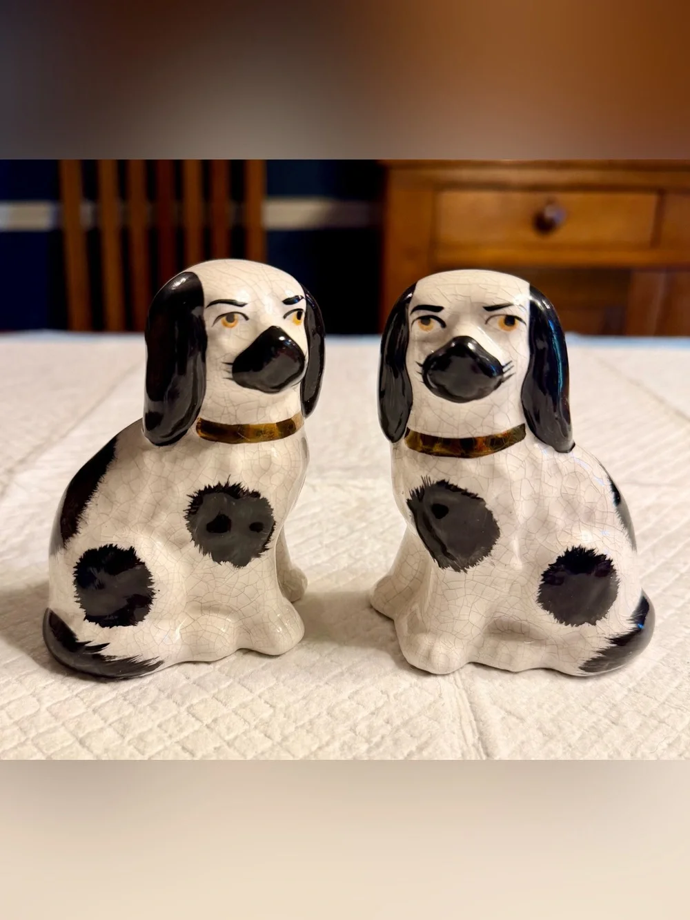 Antique miniature white and black Staffordshire spaniels